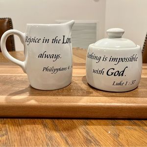 Porcelain sugar and creamer set w/scripture Luke 1:37 and Philippians 4:4 print